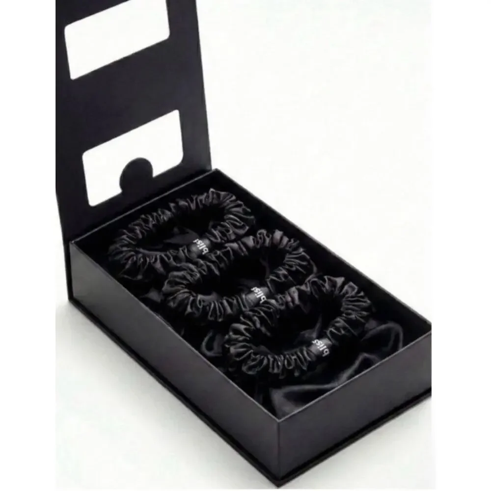 Blissy Scrunchies 100% Mulberry Silk Black 6 Pack NEW IN BOX